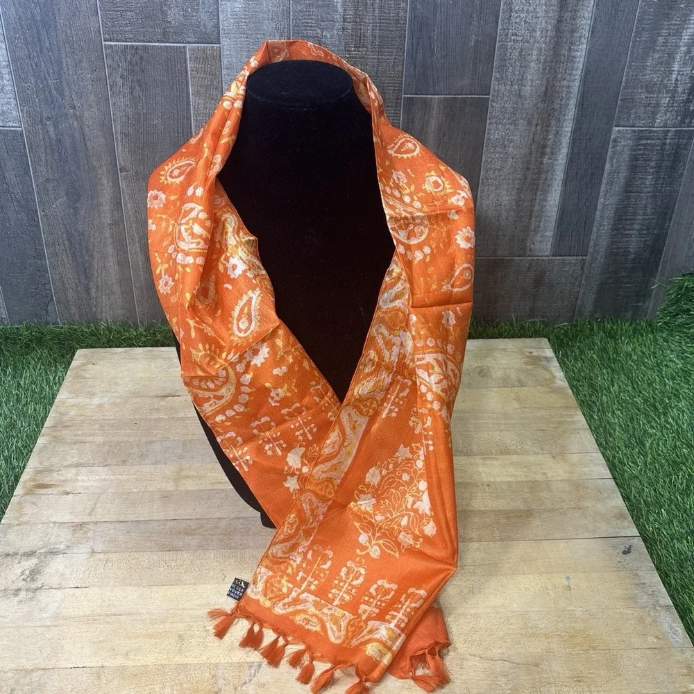Vintage Kausik 100% Silk Scarf Hand Woven India Orange Paisley Tassel Wrap